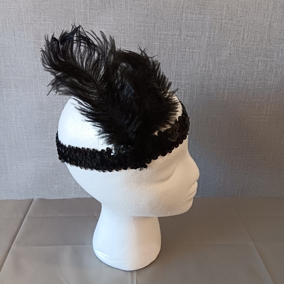 1920s Flapper Feather Headband Showgirl Headpiece Gatsby Style Sequin Stretch - Picture 1 of 5